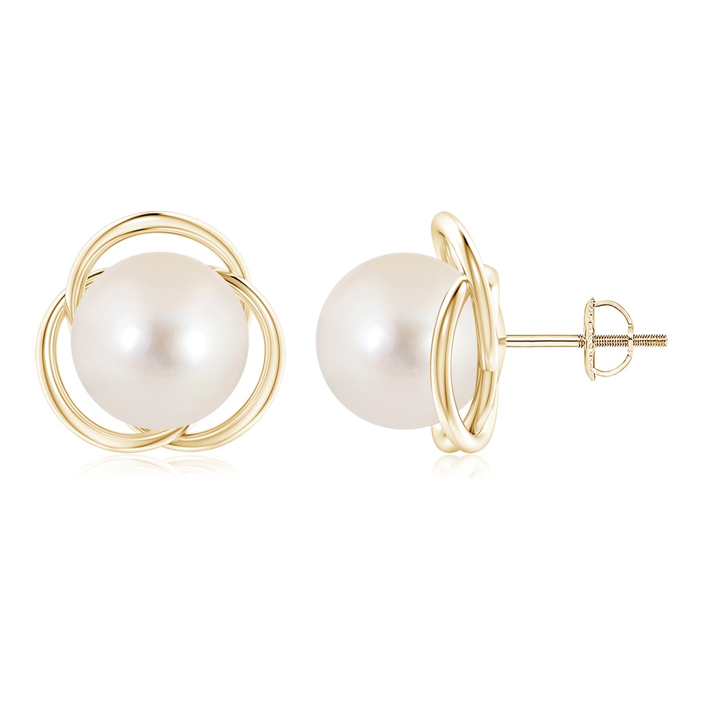 10mm AAAA Freshwater Pearl Love Knot Studs in Yellow Gold