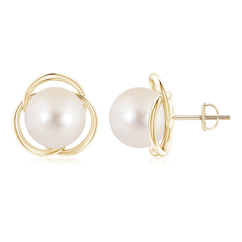 10mm AAAA Freshwater Pearl Love Knot Studs in Yellow Gold 