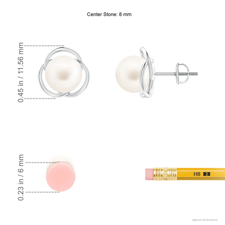 8mm AA Freshwater Pearl Love Knot Studs in White Gold ruler