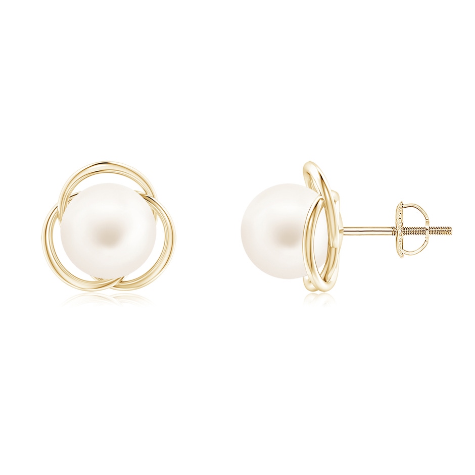8mm AA Freshwater Pearl Love Knot Studs in Yellow Gold 