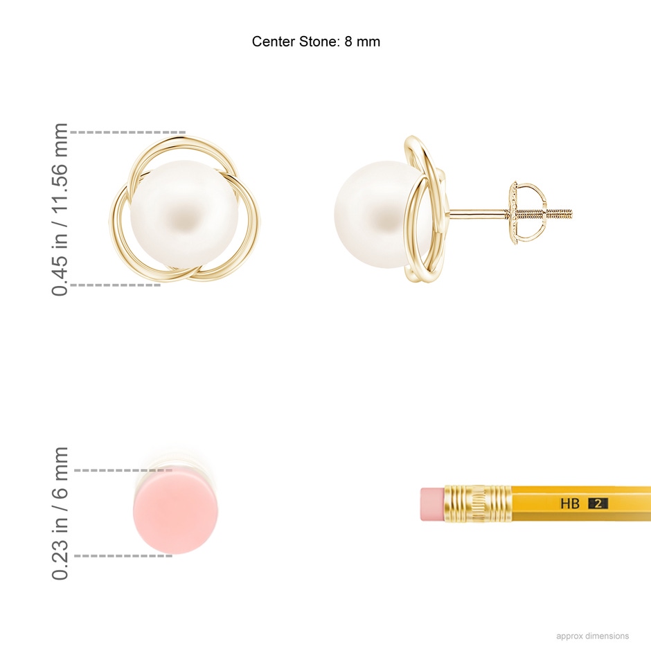 8mm AA Freshwater Pearl Love Knot Studs in Yellow Gold ruler