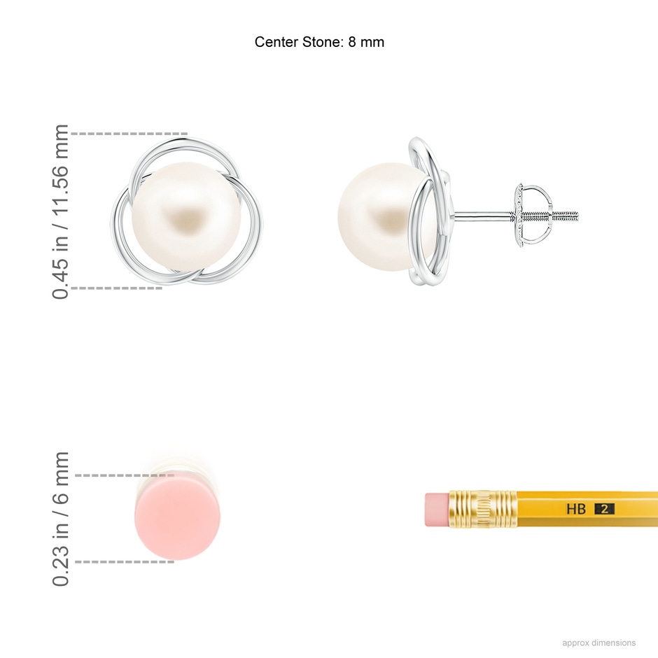 8mm AAA Freshwater Pearl Love Knot Studs in White Gold ruler