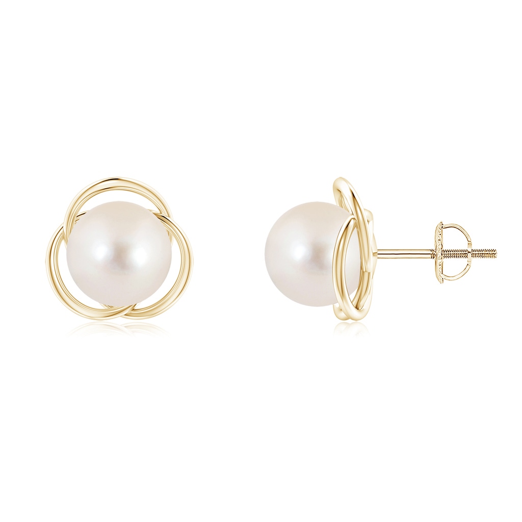 8mm AAAA Freshwater Pearl Love Knot Studs in Yellow Gold