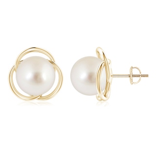 10mm AAAA South Sea Pearl Love Knot Studs in Yellow Gold