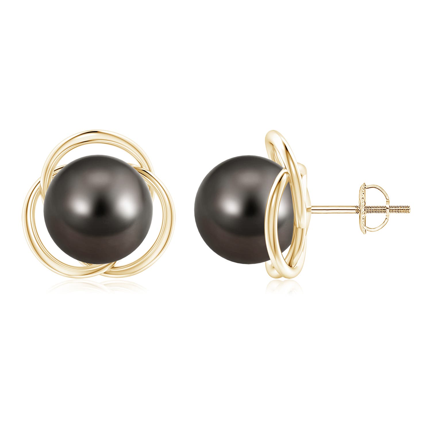 10mm AAA Tahitian Pearl Love Knot Studs in Yellow Gold