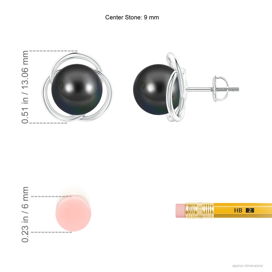 9mm AA Tahitian Pearl Love Knot Studs in White Gold ruler