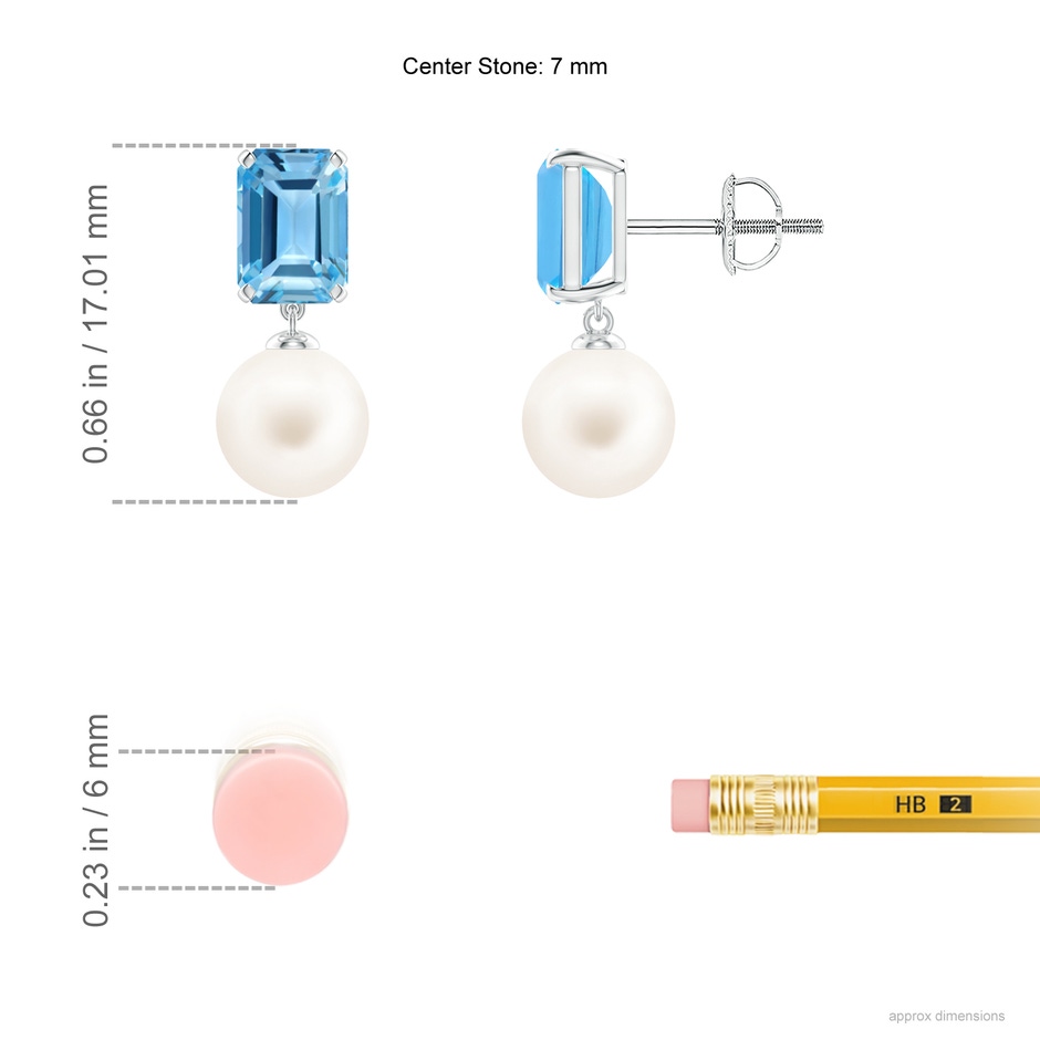 7mm AA Freshwater Pearl & Swiss Blue Topaz Earrings in P950 Platinum ruler