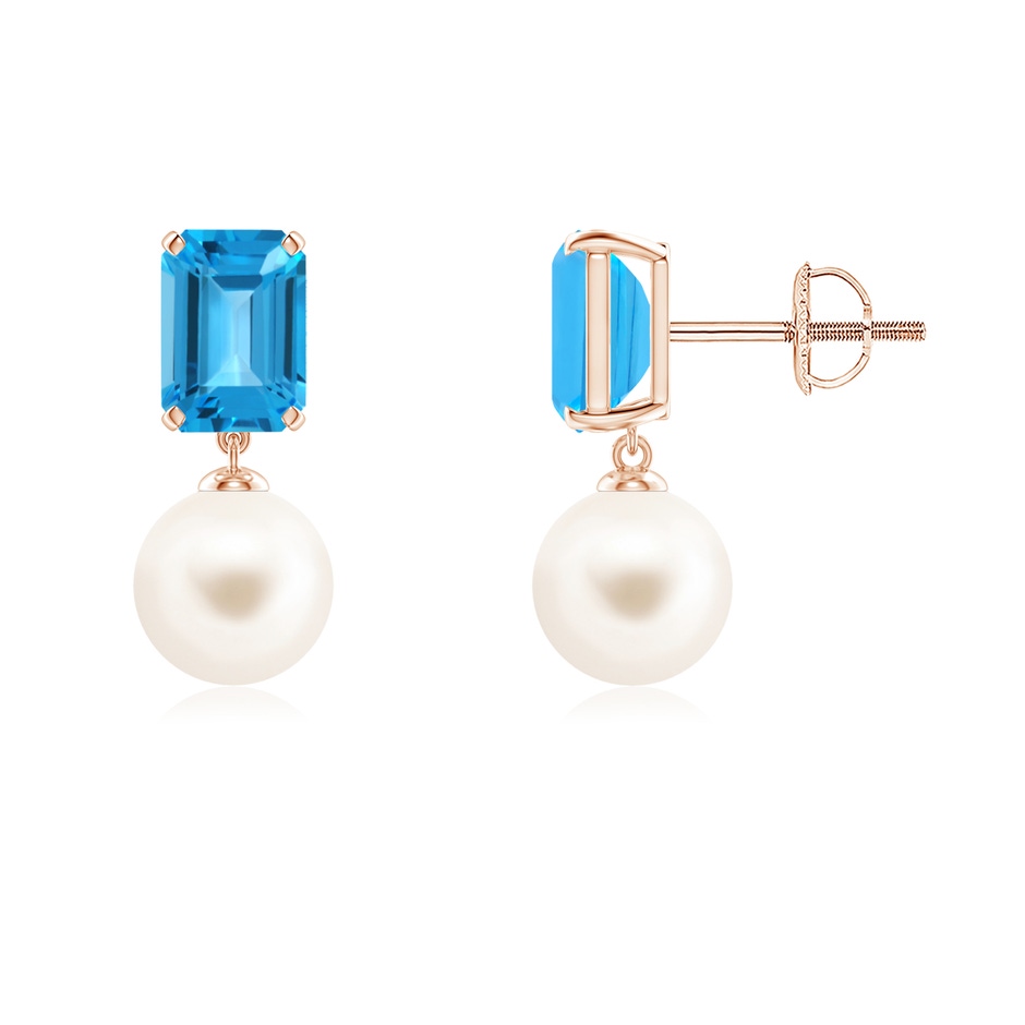 7mm AAA Freshwater Pearl & Swiss Blue Topaz Earrings in Rose Gold 