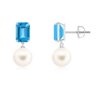 7mm AAA Freshwater Pearl & Swiss Blue Topaz Earrings in White Gold