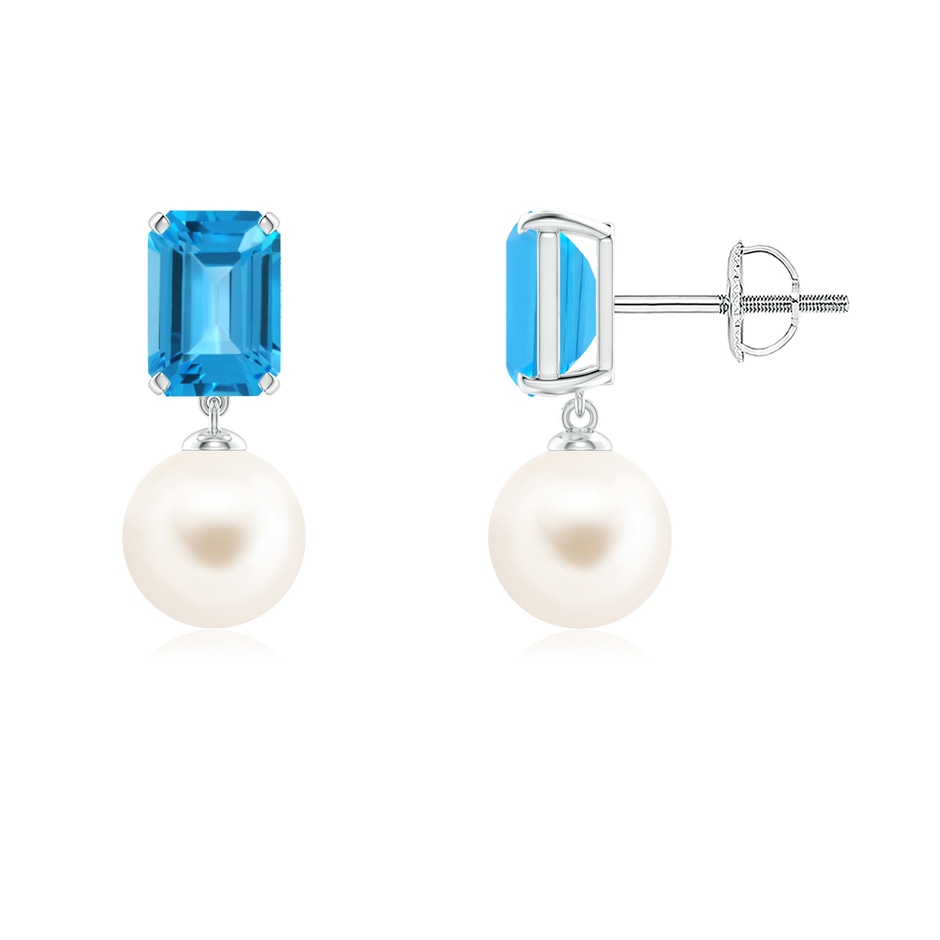 7mm AAA Freshwater Pearl & Swiss Blue Topaz Earrings in White Gold 