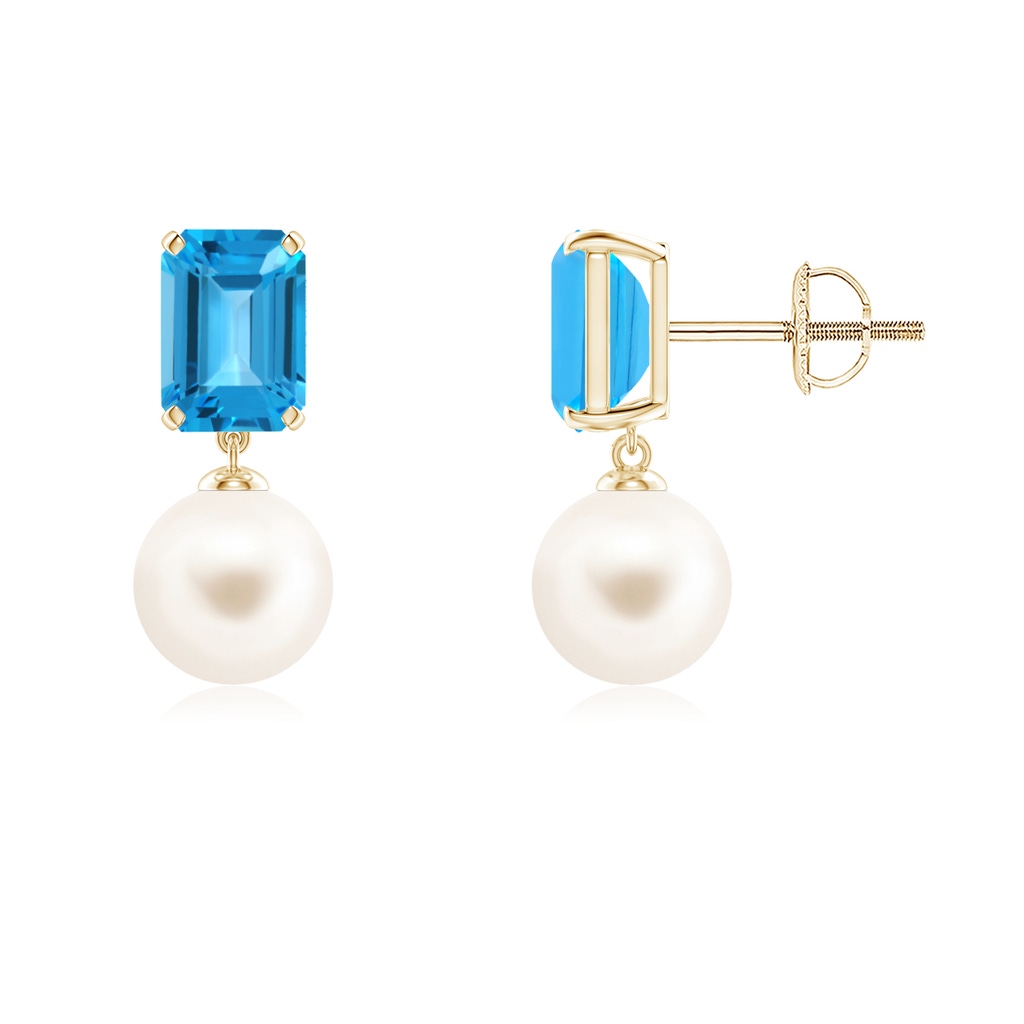 7mm AAA Freshwater Pearl & Swiss Blue Topaz Earrings in Yellow Gold