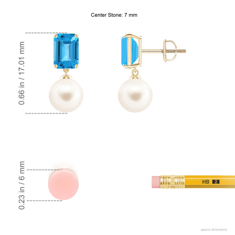 7mm AAA Freshwater Pearl & Swiss Blue Topaz Earrings in Yellow Gold ruler