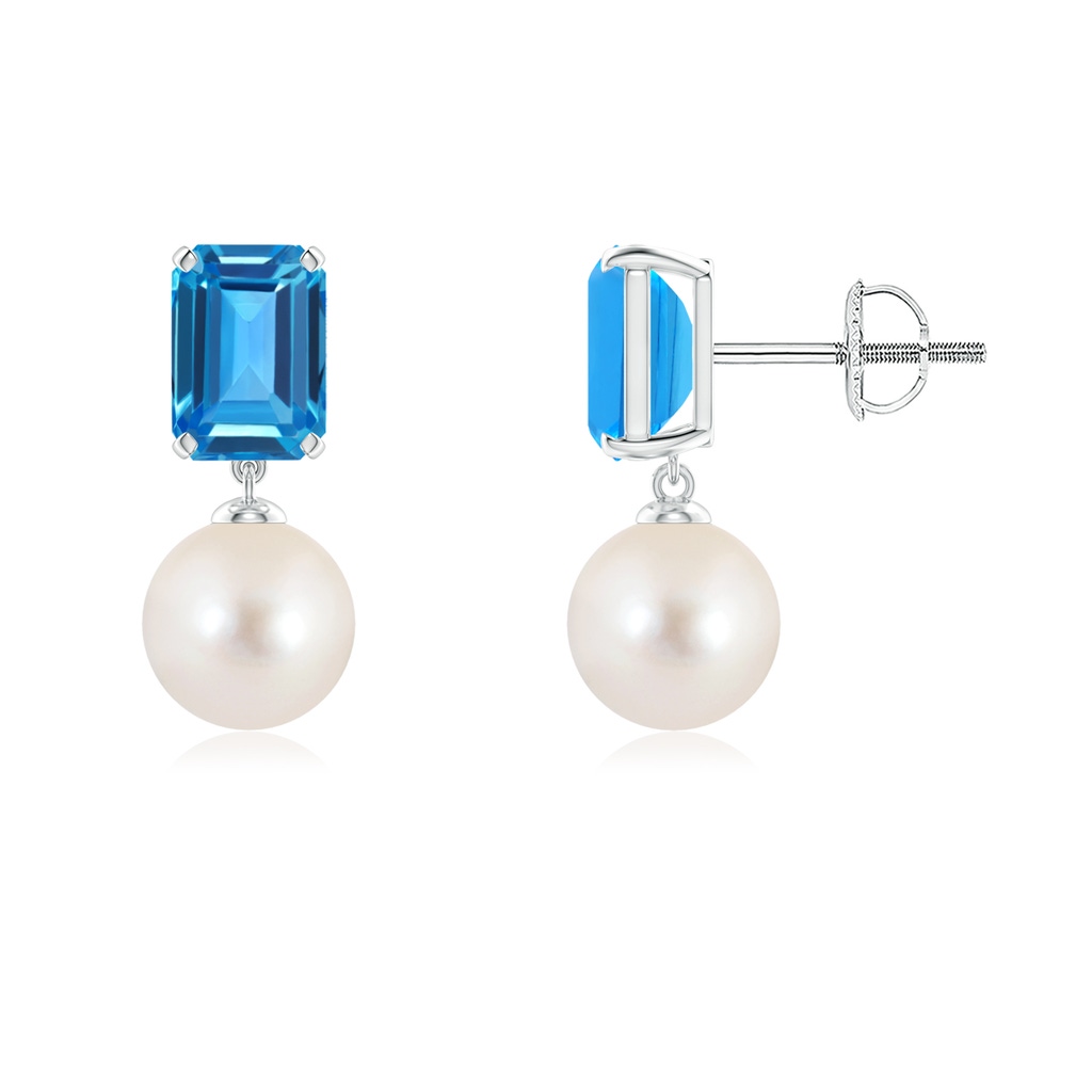 7mm AAAA Freshwater Pearl & Swiss Blue Topaz Earrings in P950 Platinum