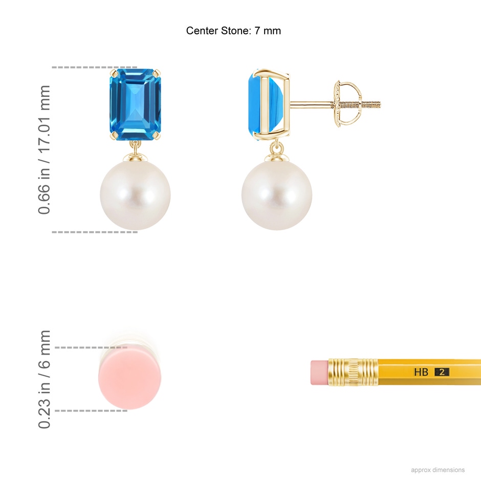 7mm AAAA Freshwater Pearl & Swiss Blue Topaz Earrings in Yellow Gold ruler