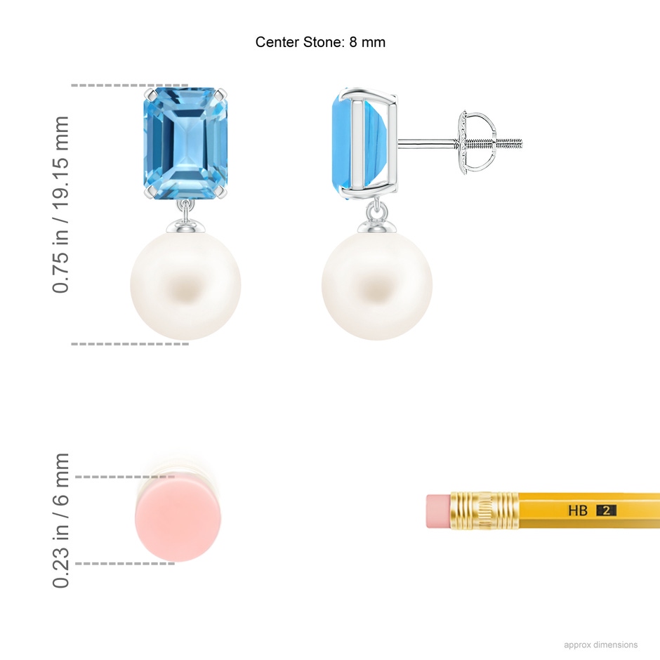 8mm AA Freshwater Pearl & Swiss Blue Topaz Earrings in White Gold ruler