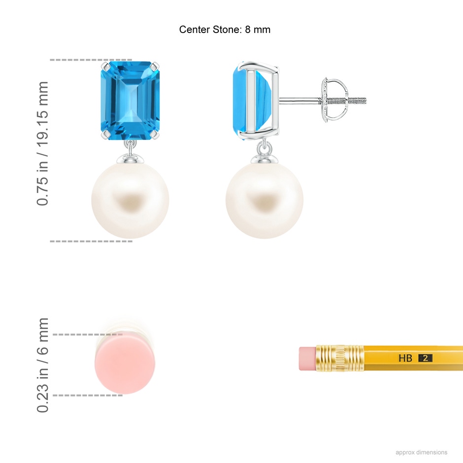 8mm AAA Freshwater Pearl & Swiss Blue Topaz Earrings in White Gold ruler