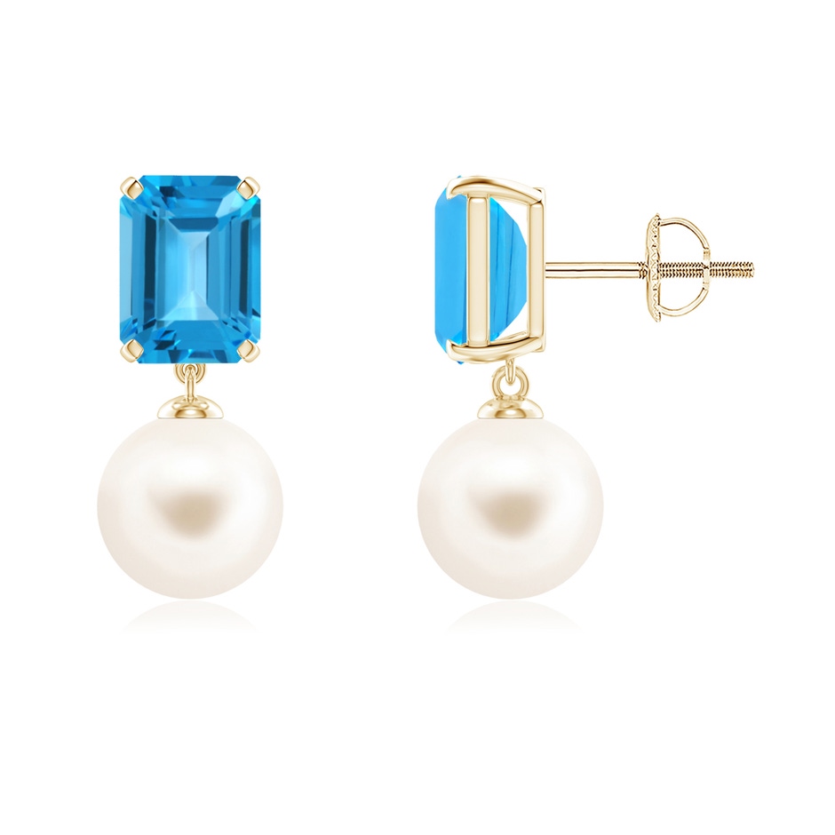 8mm AAA Freshwater Pearl & Swiss Blue Topaz Earrings in Yellow Gold 