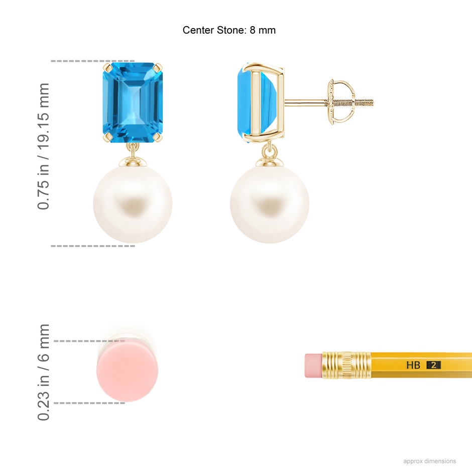 8mm AAA Freshwater Pearl & Swiss Blue Topaz Earrings in Yellow Gold ruler