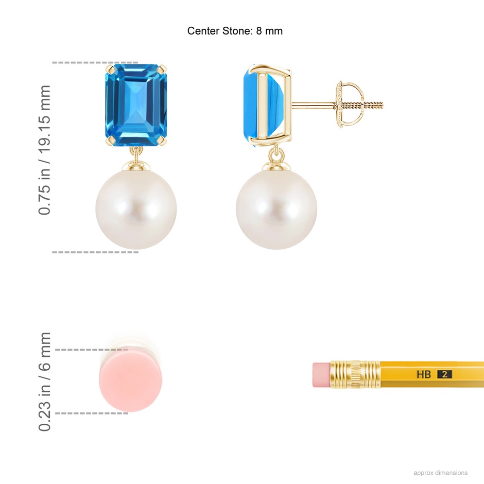 8mm AAAA Freshwater Pearl & Swiss Blue Topaz Earrings in Yellow Gold ruler