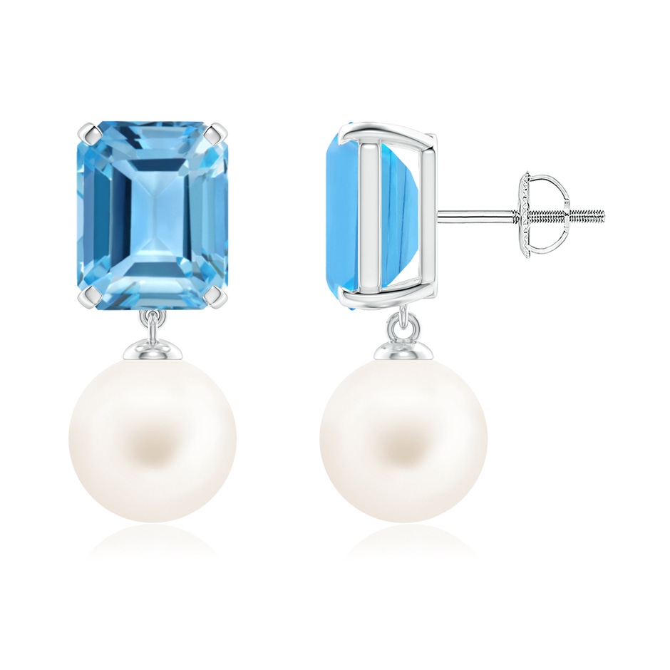 9mm AA Freshwater Pearl & Swiss Blue Topaz Earrings in White Gold 