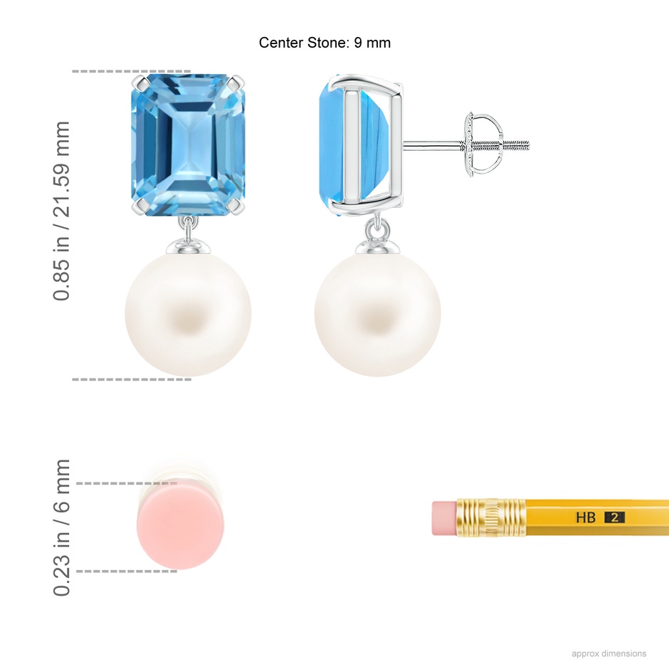 9mm AA Freshwater Pearl & Swiss Blue Topaz Earrings in White Gold ruler