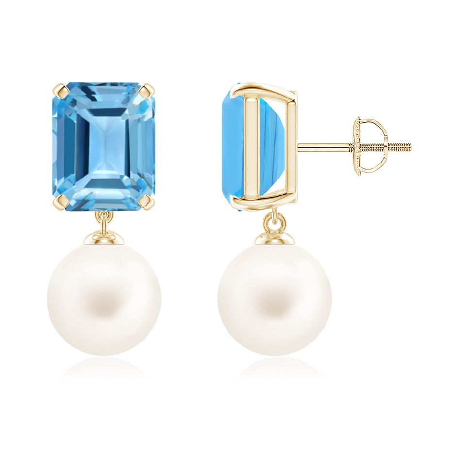 9mm AA Freshwater Pearl & Swiss Blue Topaz Earrings in Yellow Gold 