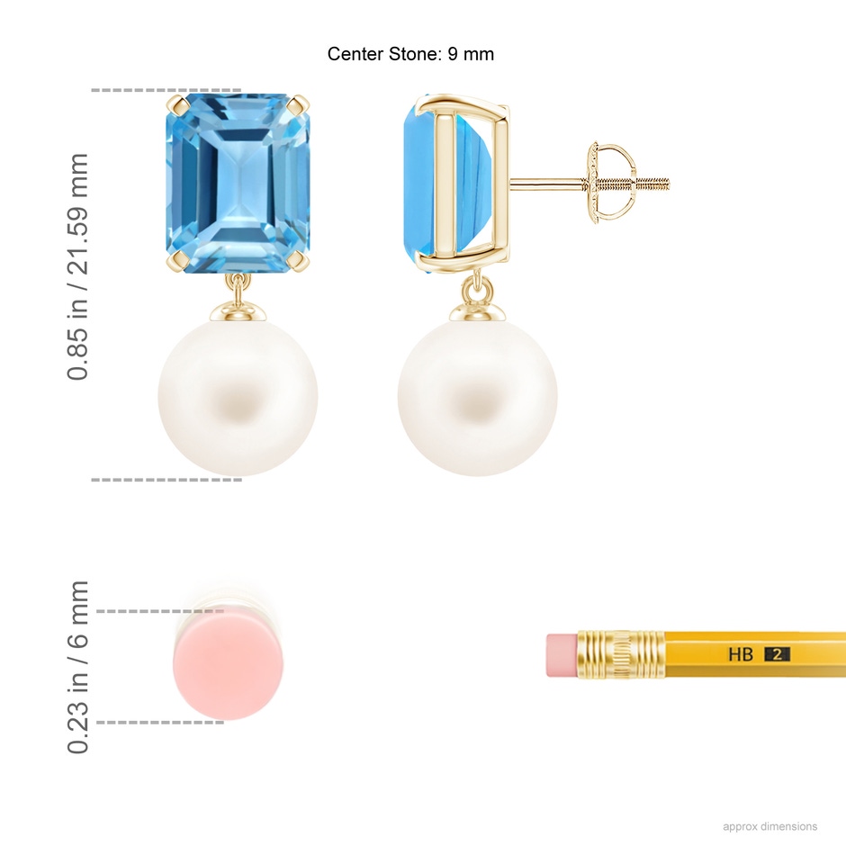 9mm AA Freshwater Pearl & Swiss Blue Topaz Earrings in Yellow Gold ruler
