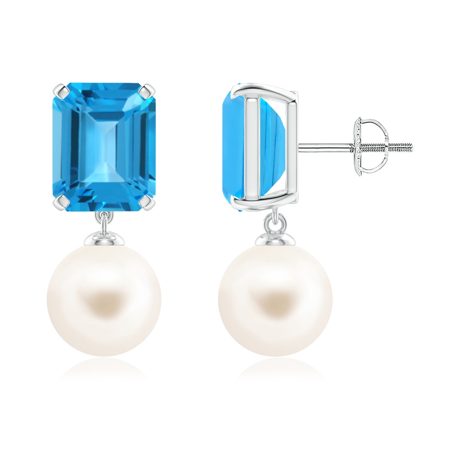 9mm AAA Freshwater Pearl & Swiss Blue Topaz Earrings in White Gold 