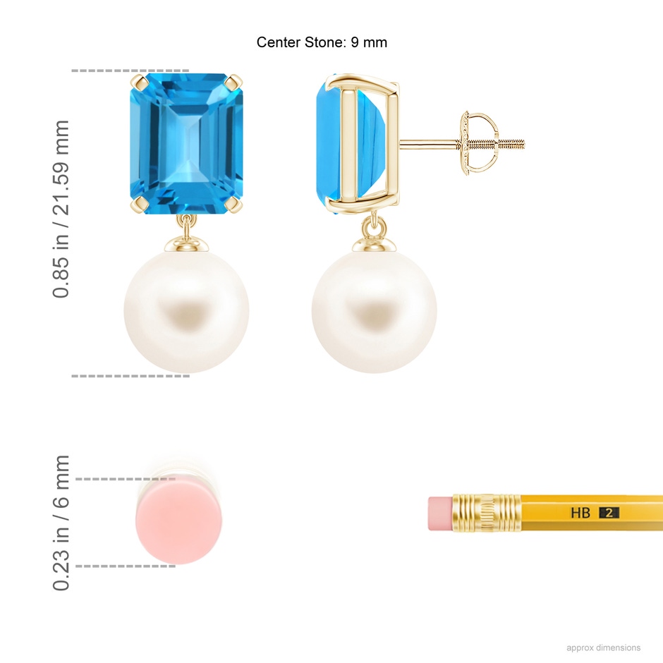 9mm AAA Freshwater Pearl & Swiss Blue Topaz Earrings in Yellow Gold ruler