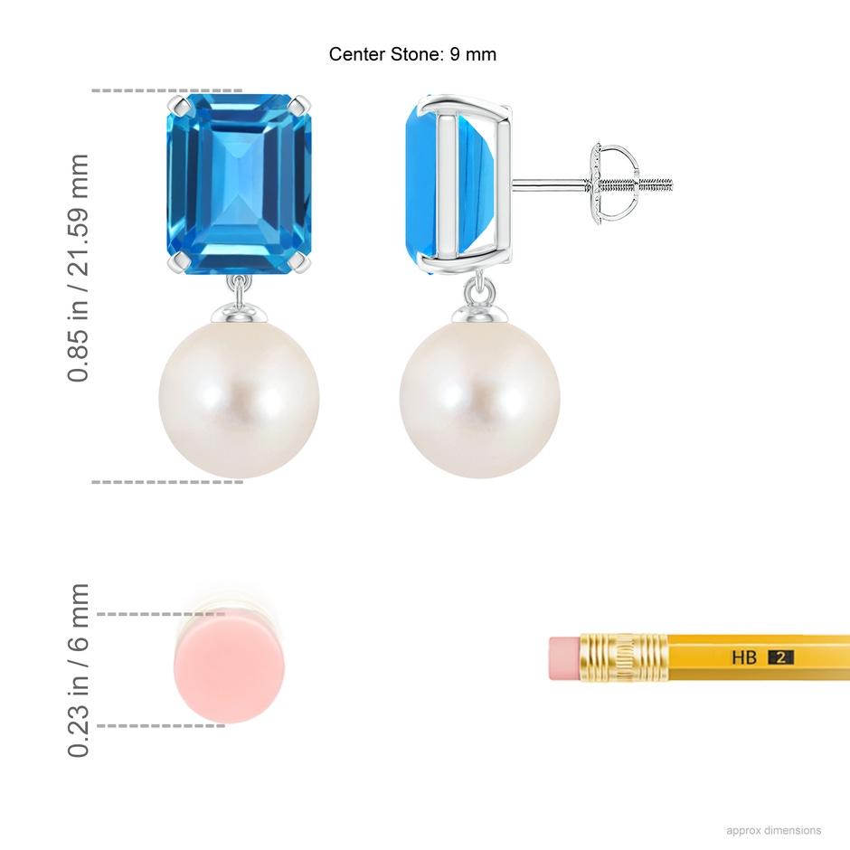9mm AAAA Freshwater Pearl & Swiss Blue Topaz Earrings in White Gold ruler