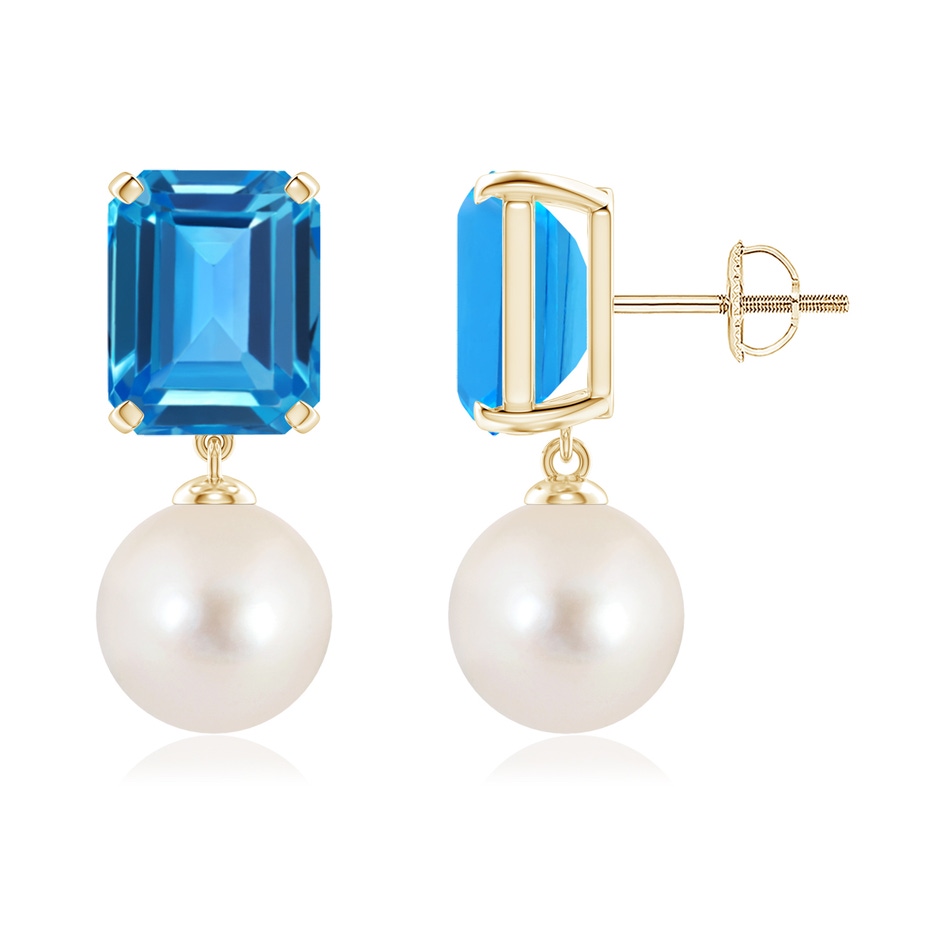 9mm AAAA Freshwater Pearl & Swiss Blue Topaz Earrings in Yellow Gold 