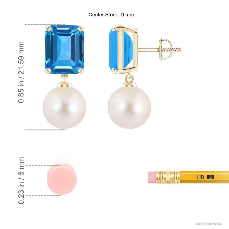 9mm AAAA Freshwater Pearl & Swiss Blue Topaz Earrings in Yellow Gold ruler