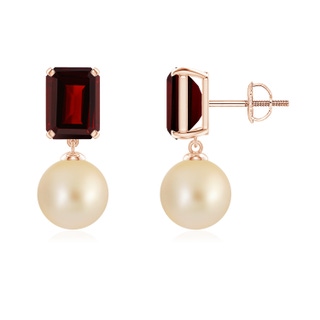 8mm AA Golden South Sea Pearl & Garnet Earrings in Rose Gold