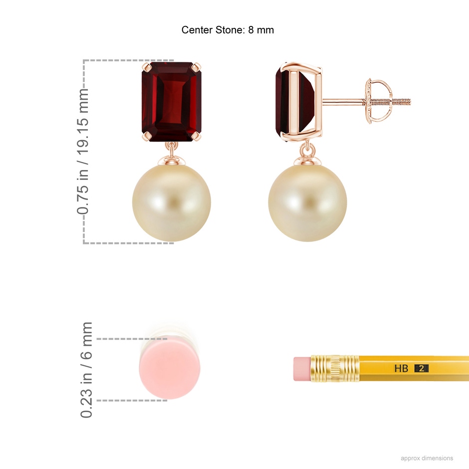 8mm AAA Golden South Sea Pearl & Garnet Earrings in Rose Gold ruler
