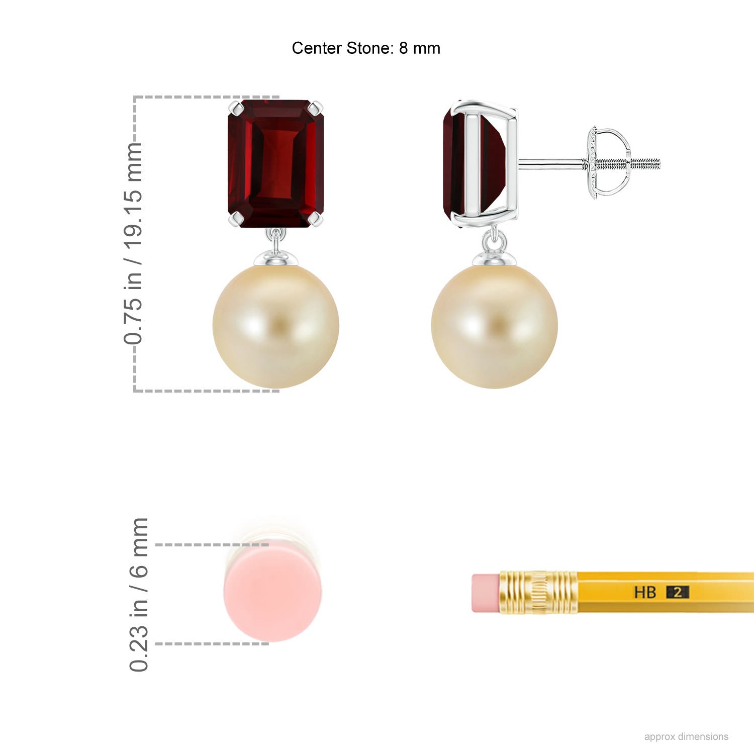 8mm AAA Golden South Sea Pearl & Garnet Earrings in White Gold - ruler