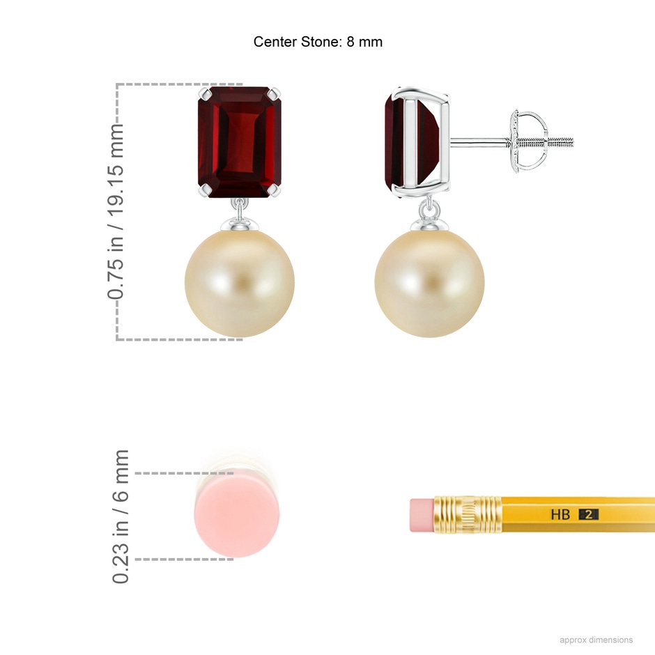 8mm AAA Golden South Sea Pearl & Garnet Earrings in White Gold ruler