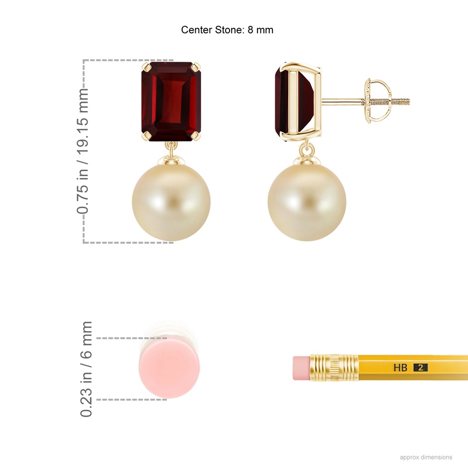 8mm AAA Golden South Sea Pearl & Garnet Earrings in Yellow Gold ruler