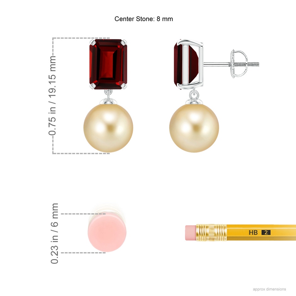 8mm AAAA Golden South Sea Pearl & Garnet Earrings in P950 Platinum ruler