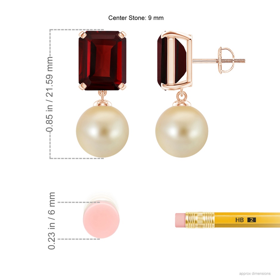 9mm AAA Golden South Sea Pearl & Garnet Earrings in Rose Gold ruler