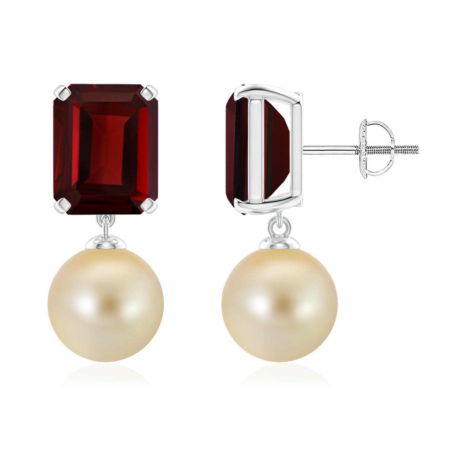 9mm AAA Golden South Sea Pearl & Garnet Earrings in White Gold