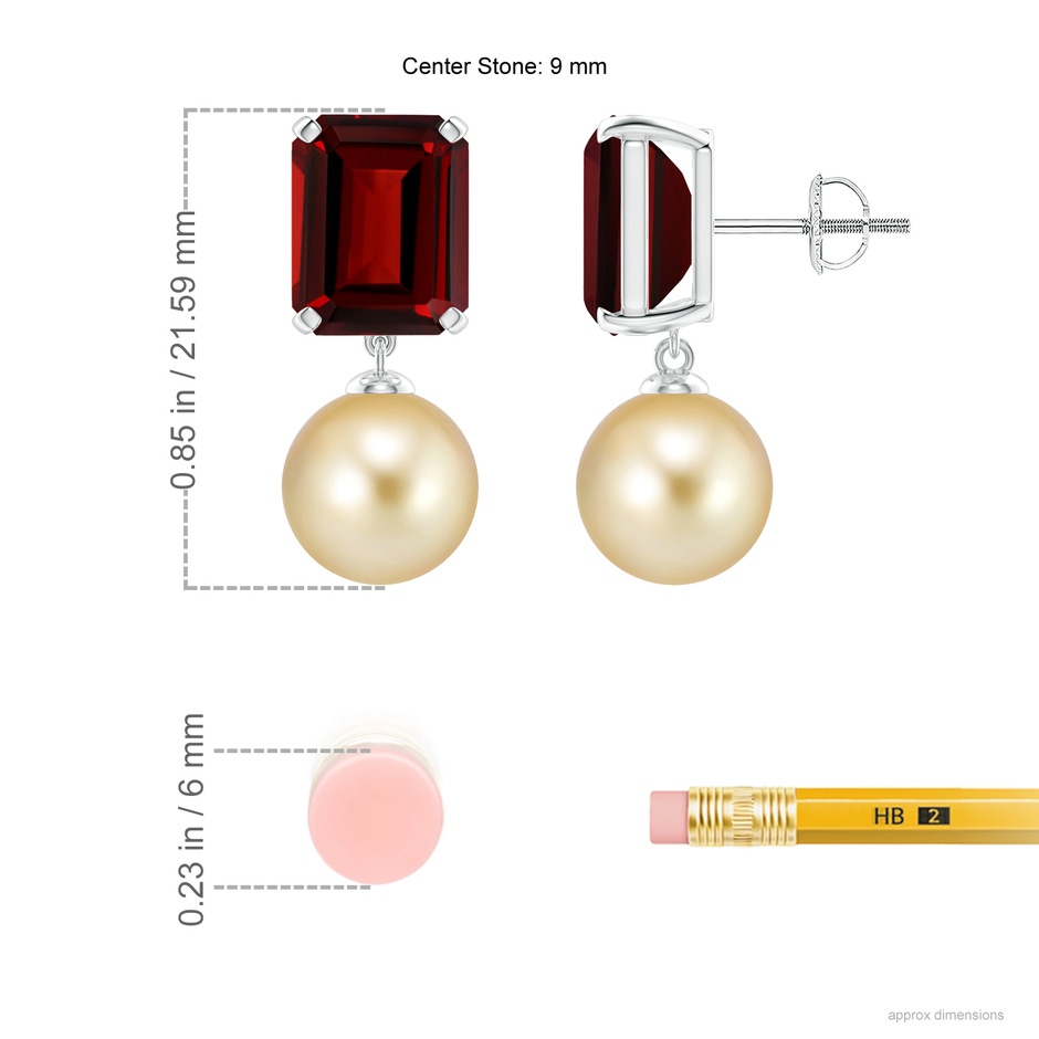 9mm AAAA Golden South Sea Pearl & Garnet Earrings in P950 Platinum ruler