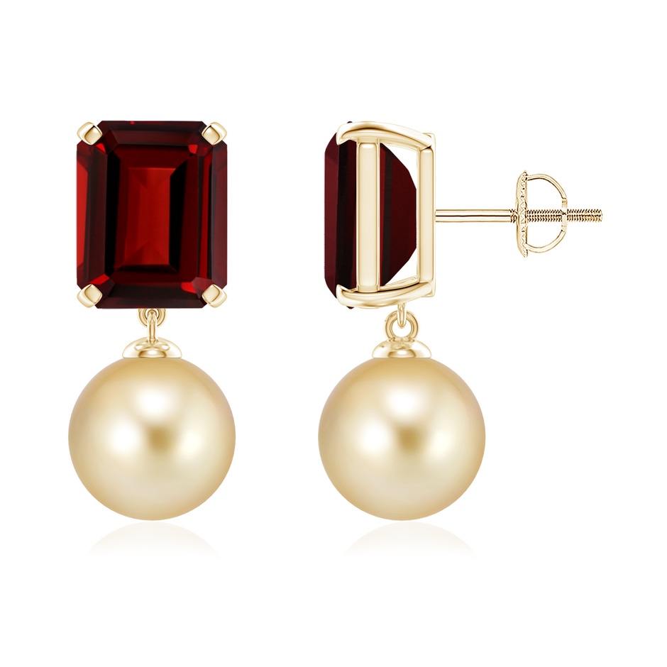 9mm AAAA Golden South Sea Pearl & Garnet Earrings in Yellow Gold 