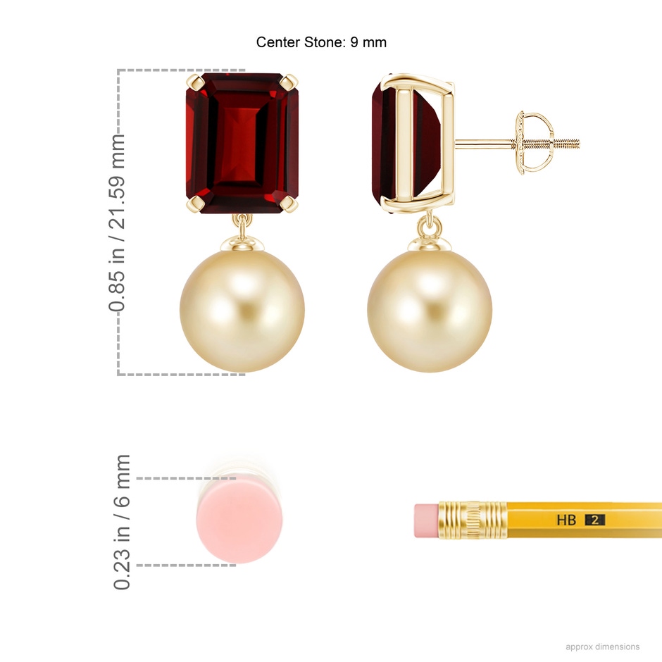 9mm AAAA Golden South Sea Pearl & Garnet Earrings in Yellow Gold ruler