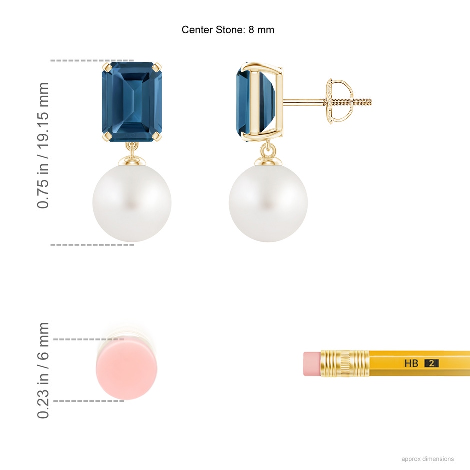 8mm AA South Sea Pearl & London Blue Topaz Earrings in Yellow Gold ruler