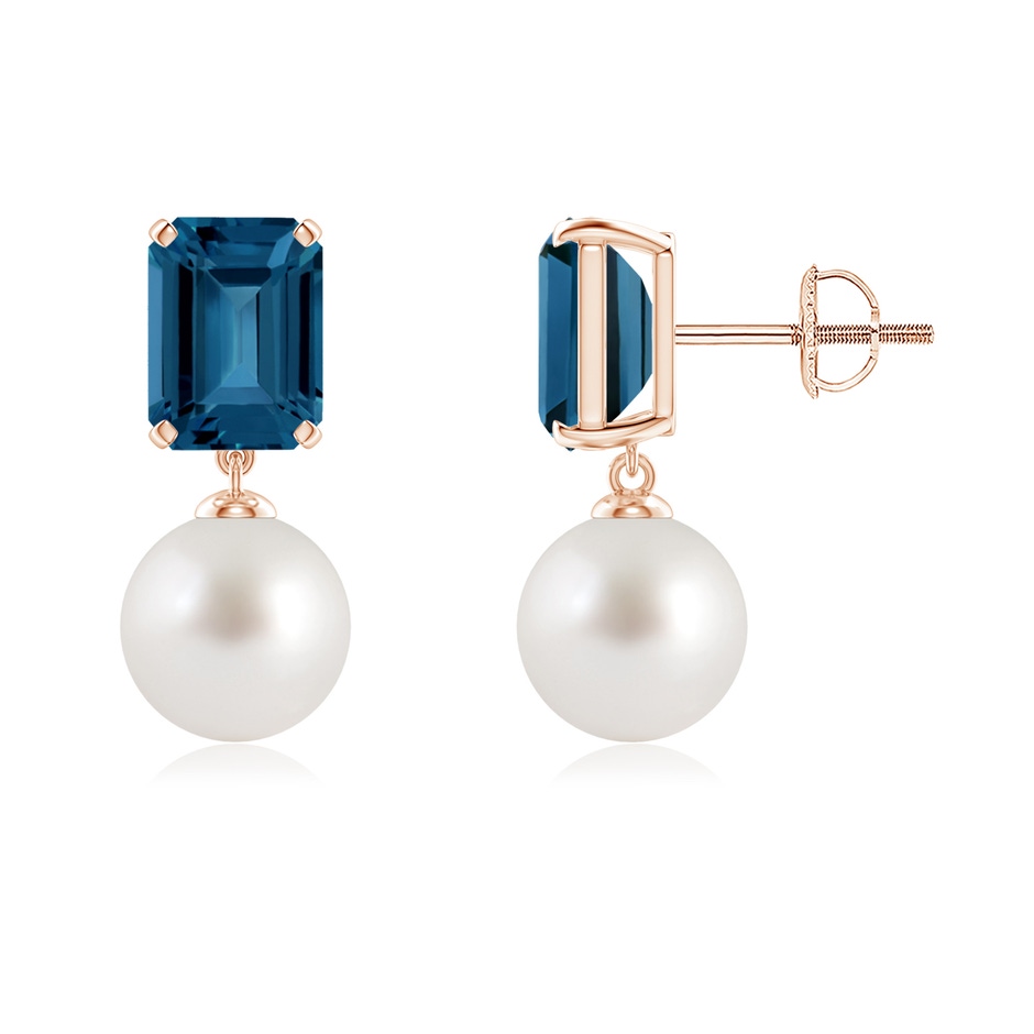 8mm AAA South Sea Pearl & London Blue Topaz Earrings in Rose Gold 