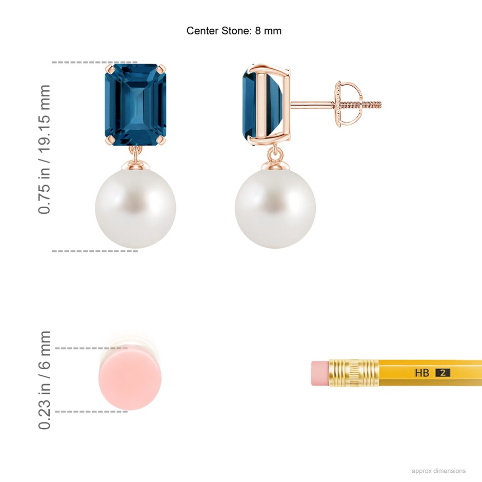 8mm AAA South Sea Pearl & London Blue Topaz Earrings in Rose Gold ruler