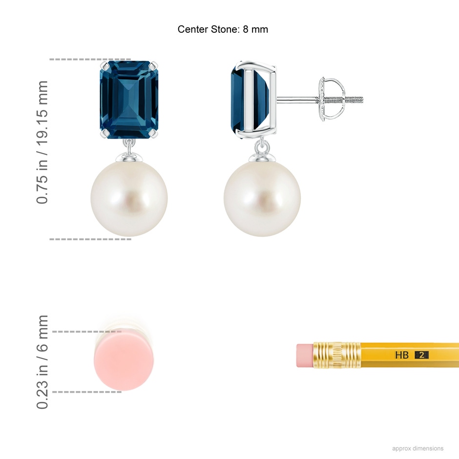 8mm AAAA South Sea Pearl & London Blue Topaz Earrings in P950 Platinum ruler