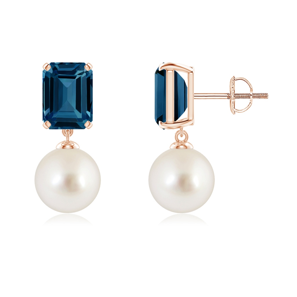 8mm AAAA South Sea Pearl & London Blue Topaz Earrings in Rose Gold