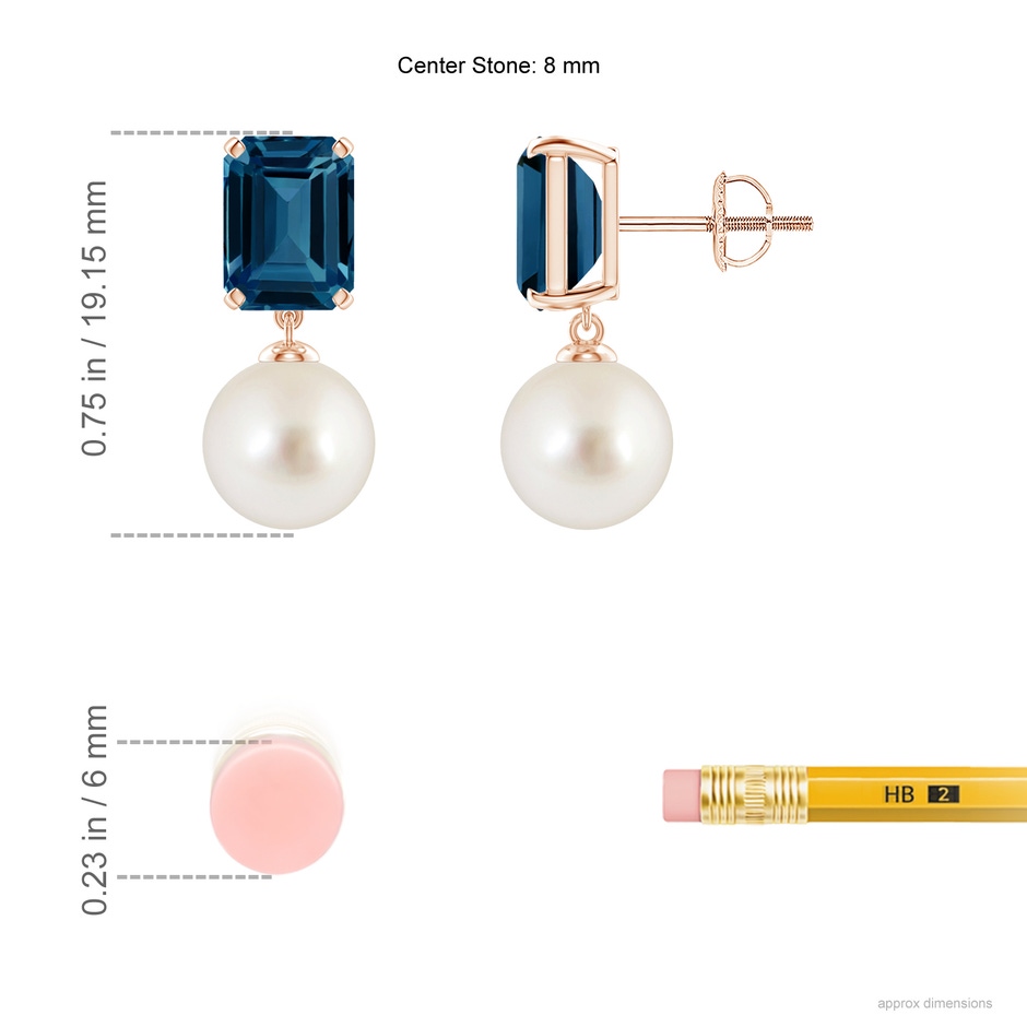 8mm AAAA South Sea Pearl & London Blue Topaz Earrings in Rose Gold ruler