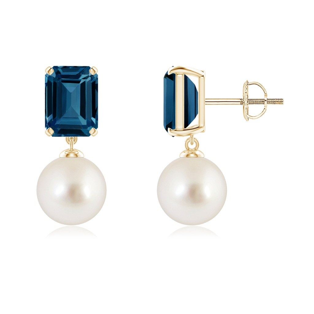 8mm AAAA South Sea Pearl & London Blue Topaz Earrings in Yellow Gold